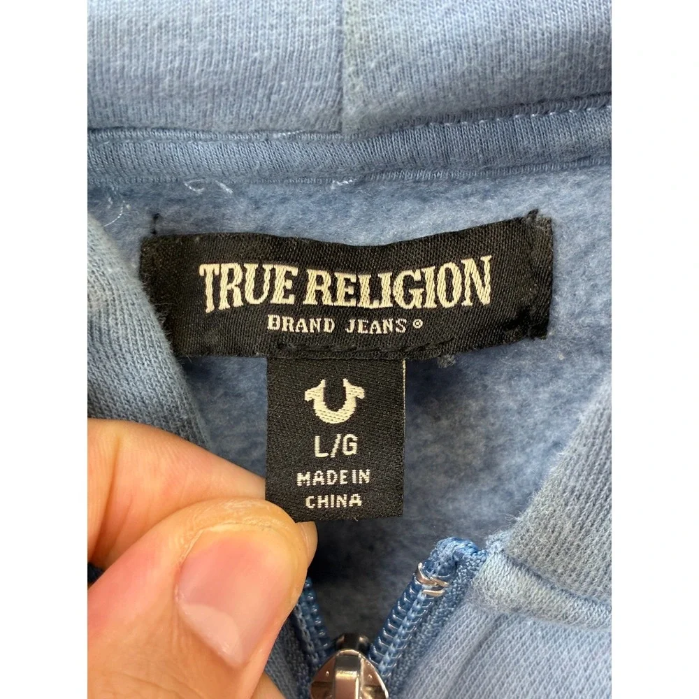 True Religion Buddha Graphic Full Zip Hoodie Sweatshirt Mens L Blue Streetwear